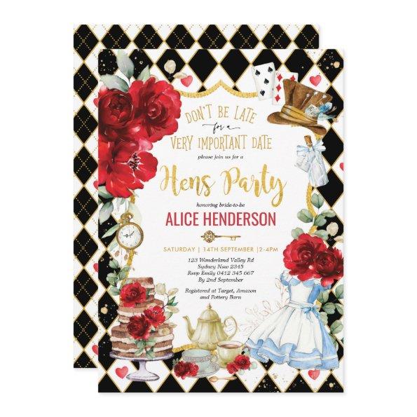 Red Floral Alice in Wonderland Hens Tea Party Invitations