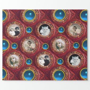 RED FLORAL CHRISTMAS CROWNS,BLUE GEMS PHOTO FRAME WRAPPING PAPER