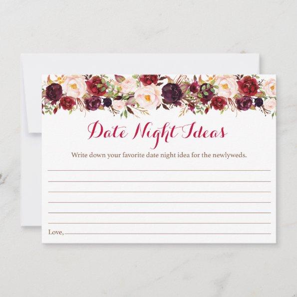 Red Floral Marsala Bridal Shower Date Night Idea Advice Card