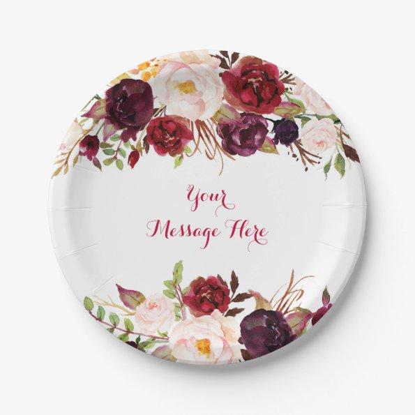Red Floral Marsala Fall Bridal Shower Paper Plates