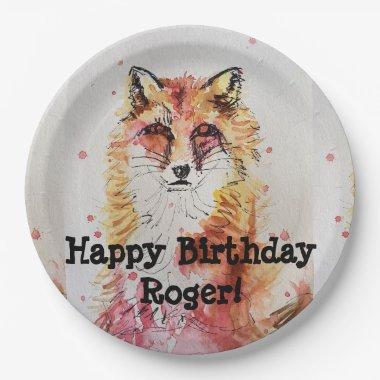 Red Fox Watercolour Birthday Boy Party Paper Plate