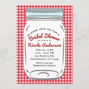 Red Gingham & Blue Mason Jar Rustic Country Invitations