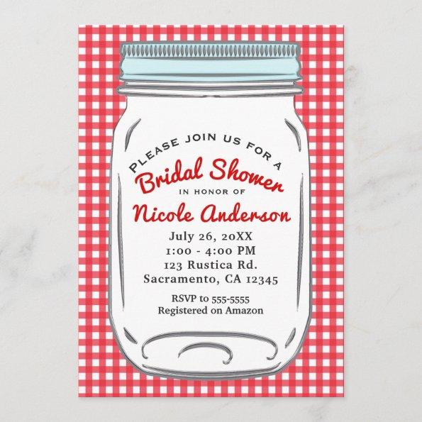 Red Gingham & Blue Mason Jar Rustic Country Invitations