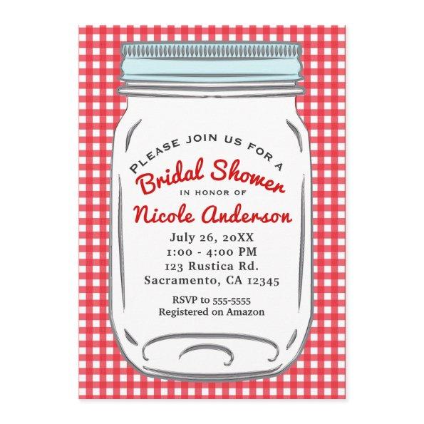 Red Gingham & Blue Mason Jar Rustic Country Invitations