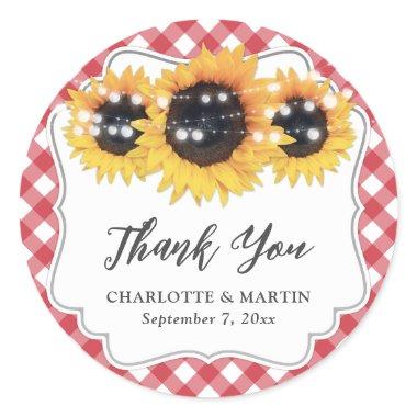 Red Gingham Rustic Sunflower Wedding Thank You Classic Round Sticker