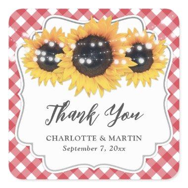 Red Gingham Sunflower Wedding Thank You Square Sticker