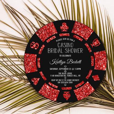 Red Glitter Poker Chip Casino Bridal Shower Invitations