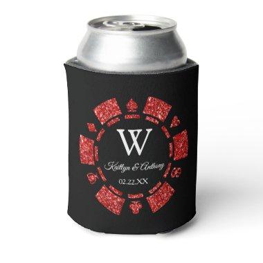 Red Glitter Poker Chip Casino Wedding Can Cooler