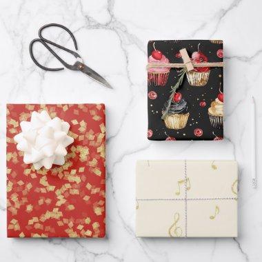 Red Gold Black Music Notes Cupcakes  Wrapping Paper Sheets
