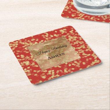 Red Gold Confetti Abstract Birthday Square Paper Coaster