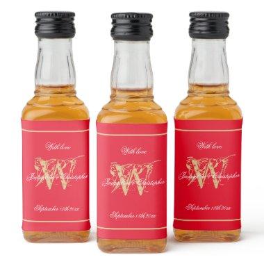 Red & Gold Elegant Monogram Chic Wedding Cute Mini Liquor Bottle Label