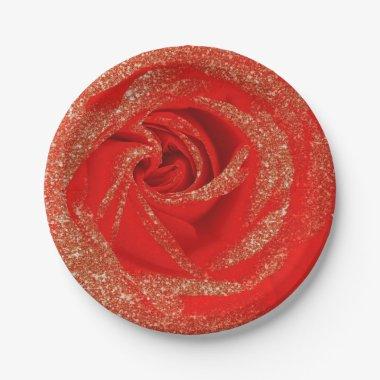 Red Gold Glitter Rose White Wood Shabby Chic Paper Plates