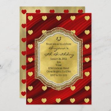 Red & Gold Hearts Birthday Party Invitations