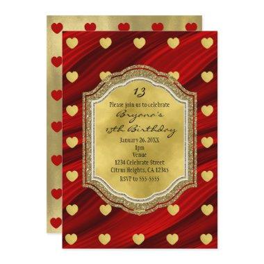 Red & Gold Hearts Birthday Party Invitations