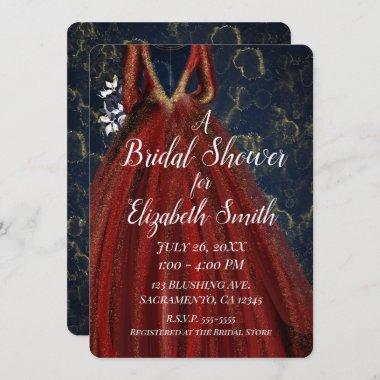 Red Gold & Navy Blue Glam Dress Bridal Shower Invitations