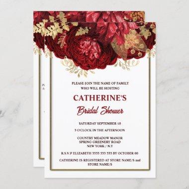 Red gold white rose watercolor bridal shower Invitations