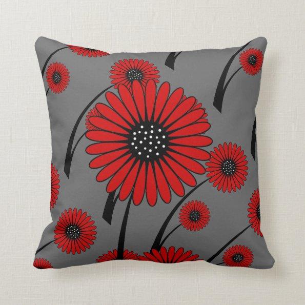 Red Gray Black Floral Flowers Throw Pillow