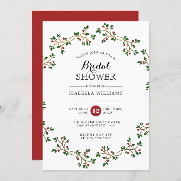 Red, Green & Gold Winter Wreath | Bridal Shower Invitations