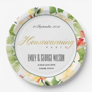 RED GREEN WATERCOLOR FLORAL GOLD HOUSEWARMING PAPER PLATES