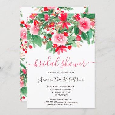 Red green winter floral watercolor bridal shower Invitations