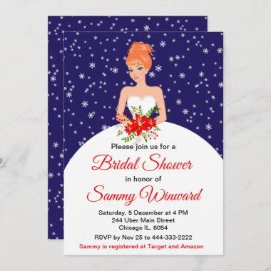 Red Hair Bride Christmas Navy Bridal Shower Invitations