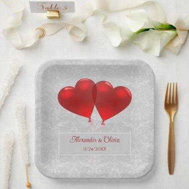 Red Heart Balloons Wedding Shower Paper Plates