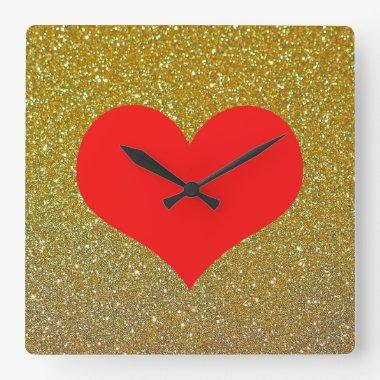 Red Heart Cute Valentine's Day Gold Glitter Square Wall Clock