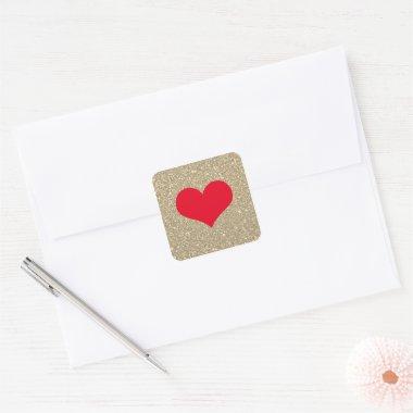 Red Heart Cute Valentine's Day Rustic Gold Glitter Square Sticker