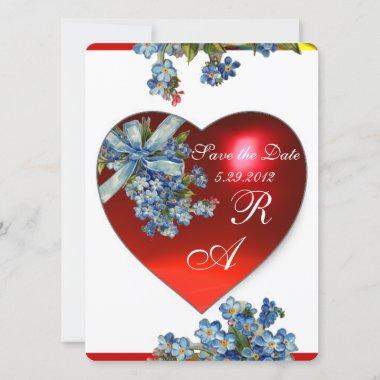 RED HEART & FORGET ME NOTS MONOGRAM blue champagne Invitations