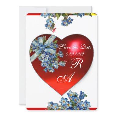 RED HEART & FORGET ME NOTS MONOGRAM blue champagne Invitations