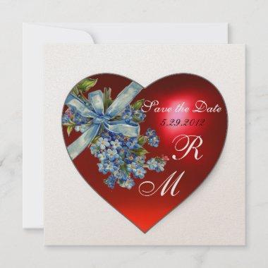 RED HEART & FORGET ME NOTS MONOGRAM blue gold Invitations