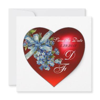 RED HEART & FORGET ME NOTS MONOGRAM blue white Invitations