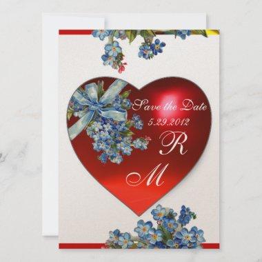 RED HEART & FORGET ME NOTS MONOGRAM Blue White Invitations
