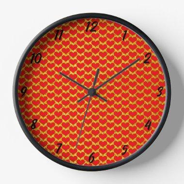 Red Heart Patterns Gold Glitter Valentine's Day Clock