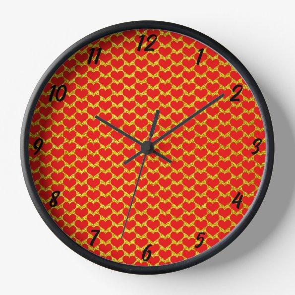 Red Heart Patterns Gold Glitter Valentine's Day Clock