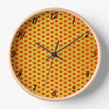 Red Heart Patterns Valentine's Day Gold Glitter Clock