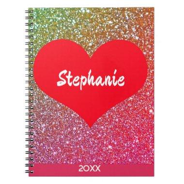 Red Heart Rose Gold Glitter Valentine's Day Name Notebook