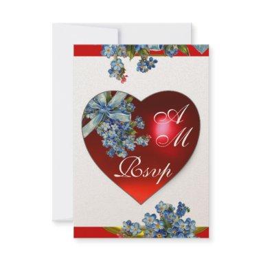 RED HEART WITH BLUE FORGET ME NOTS MONOGRAM RSVP Invitations