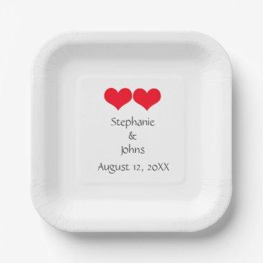 Red Hearts Cute Couple Wedding 2023 Valentines Day Paper Plates
