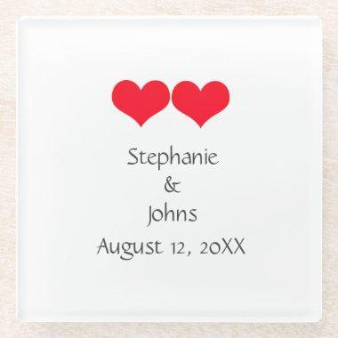 Red Hearts Cute Couple Wedding Valentines Day 2023 Glass Coaster