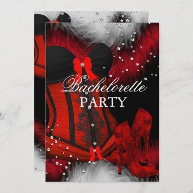 Red Heels Feather Lace Corset Bachelorette Party 2 Invitations