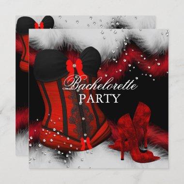 Red Heels Feather Lace Corset Bachelorette Party 3 Invitations