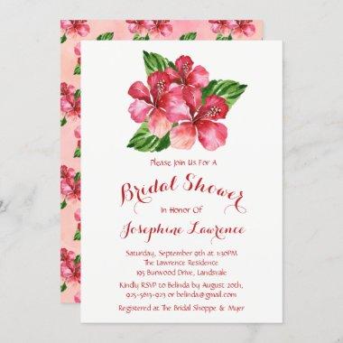 Red Hibiscus Watercolor Bridal Shower Invitations
