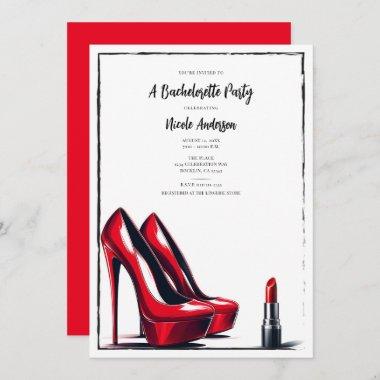 Red High Heels & Lipstick Glam Bachelorette Party Invitations