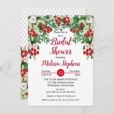 Red Holly Berries | Roses Floral Bridal Shower Invitations