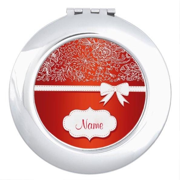 Red Lace and Bow Personalized Compact Mirror
