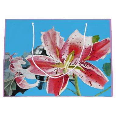 Red Lily Flowers Floral Watercolor Blue Gift Bag