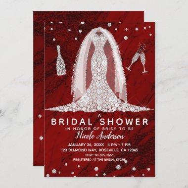 Red Marble Diamond Wedding Dress Bridal Shower Invitations