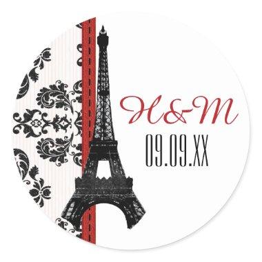 RED Monogrammed Damask Eiffel Tower Wedding Classic Round Sticker