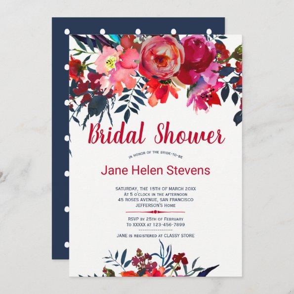 Red navy blue bohemian floral bridal shower Invitations